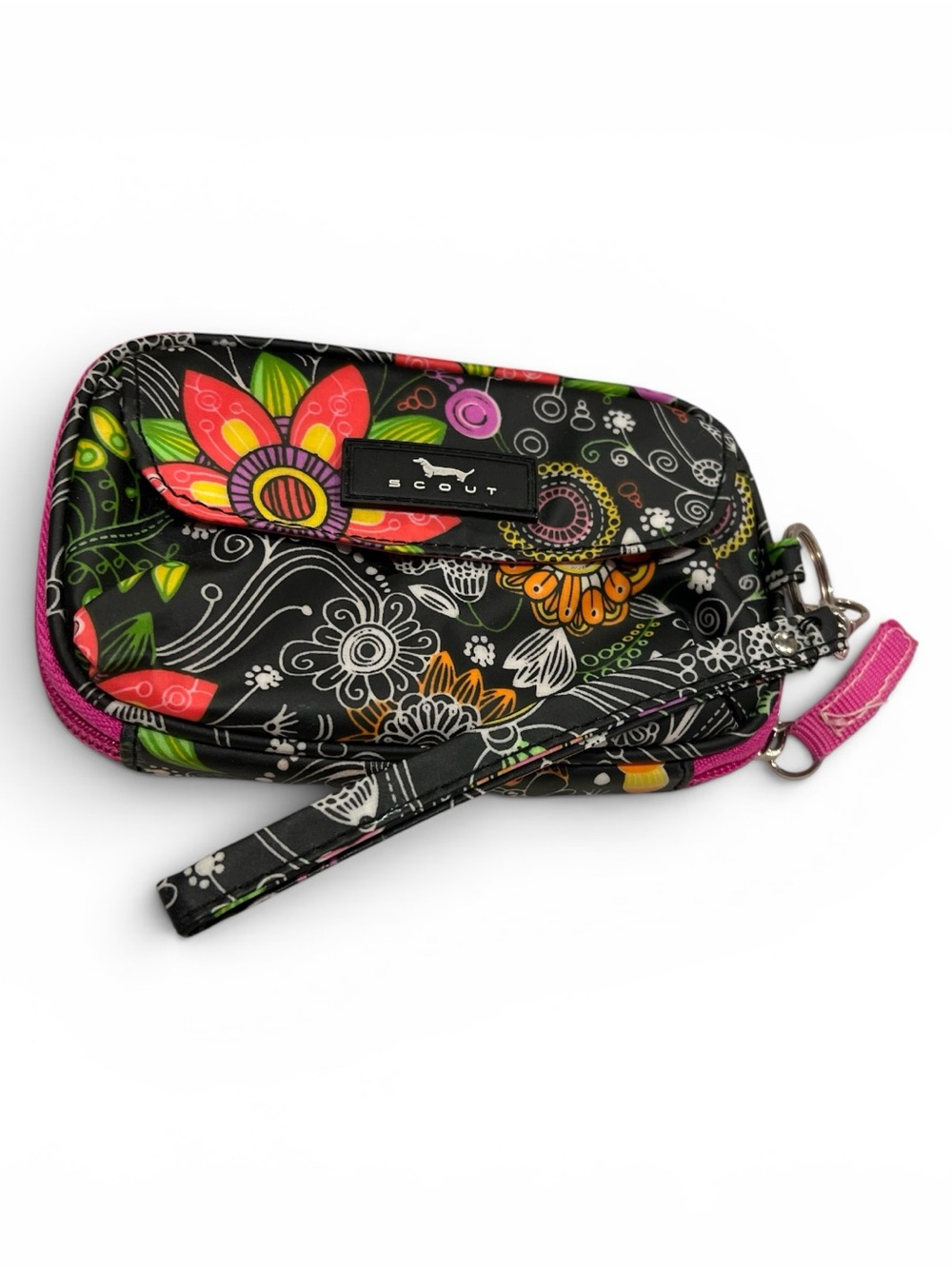 Scout Black Floral Wristlet with Pink Trim